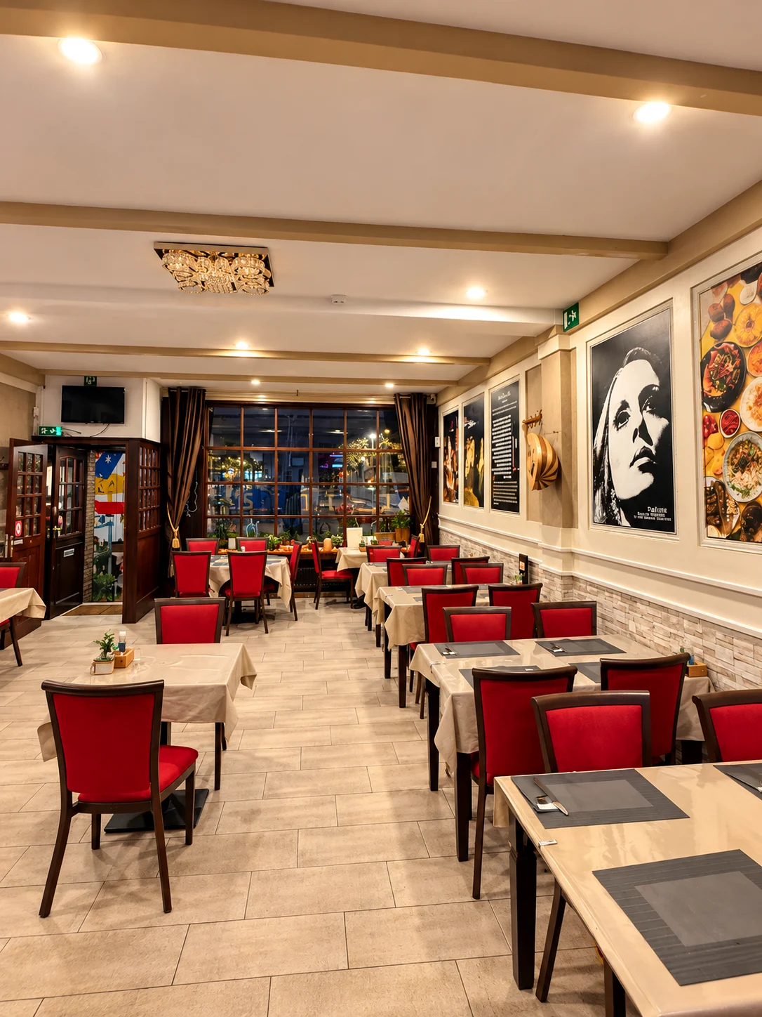 Eetzaal van Few Steps vanaf de voorkant, met gedekte tafels, rode stoelen, een poster van Fairuz en een oed aan de muur